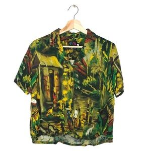 VINTAGE 90s Rare Jams World Green Bali Life Hawaiian Short Sleeve Shirt Womens M
